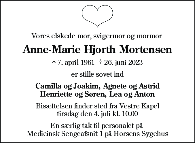 Dødsannonce for Anne-Marie Hjorth Mortensen