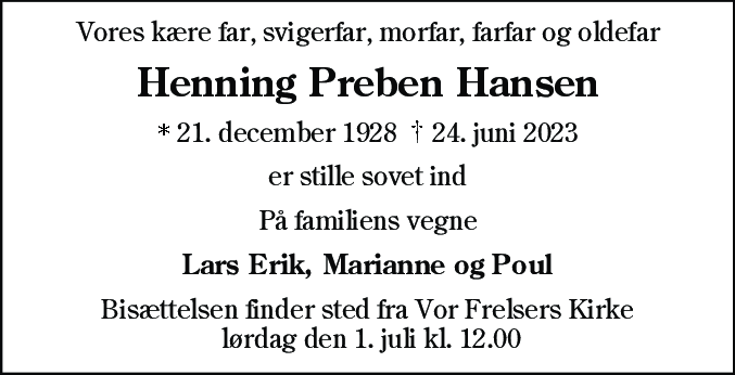 Dødsannonce for Henning Preben Hansen