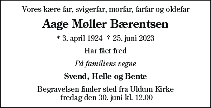 Dødsannonce for Aage Møller Bærentsen