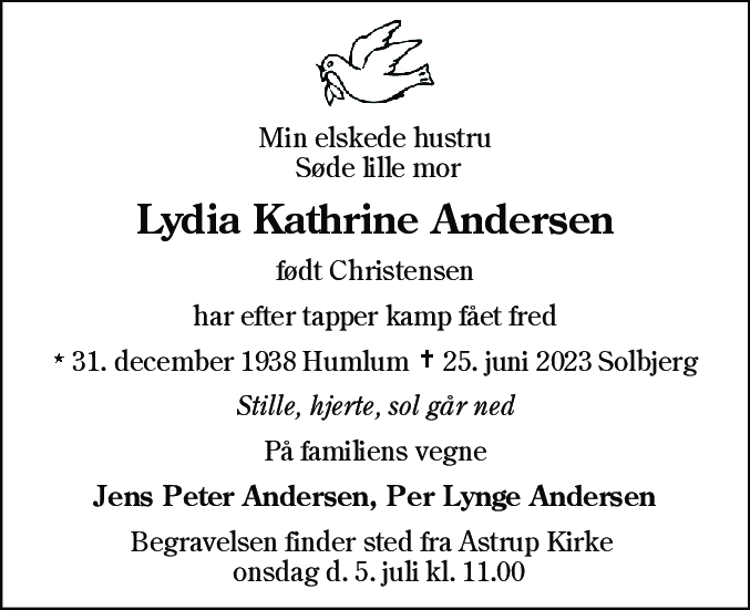 Dødsannonce for Lydia Kathrine Andersen