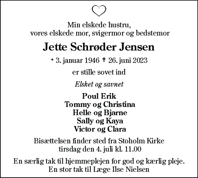 Dødsannonce for Jette Schrøder Jensen