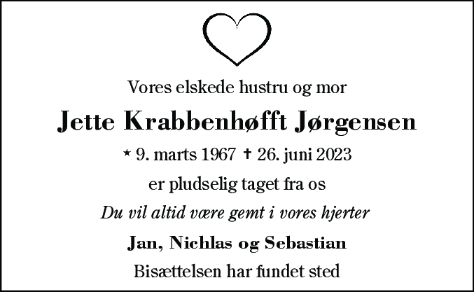 Dødsannonce for Jette Krabbenhøfft Jørgensen