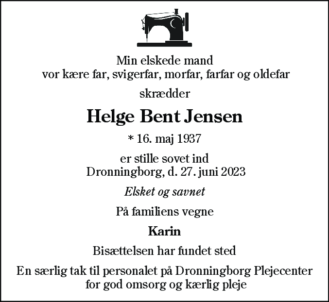 Dødsannonce for Helge Bent Jensen