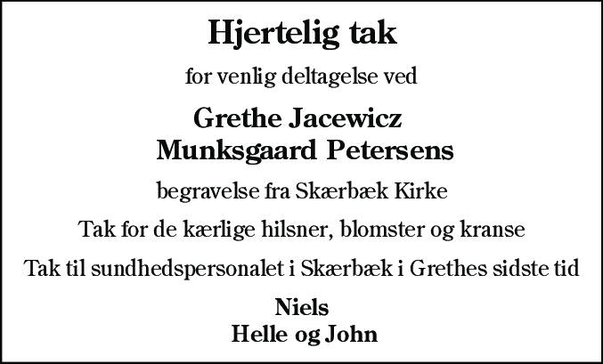 Dødsannonce for Grethe Jacewicz Munksgaard Petersen