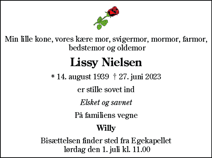 Dødsannonce for Lissy Nielsen