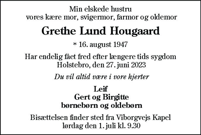 Dødsannonce for Grethe Hougaard