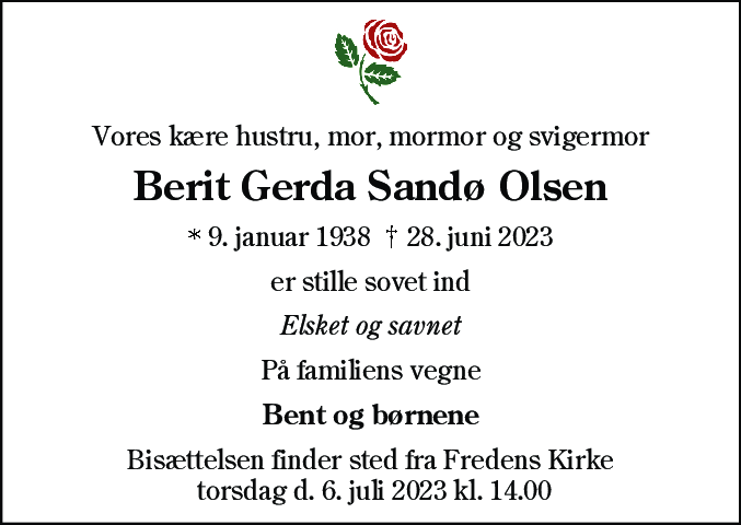 Dødsannonce for Berit Gerda Sandø Olsen