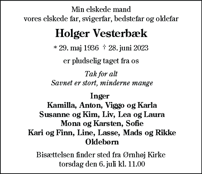 Dødsannonce for Holger Vesterbæk