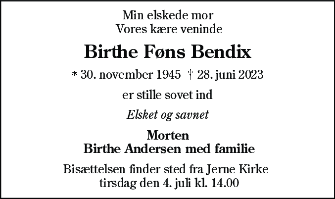 Dødsannonce for Birthe Føns Bendix