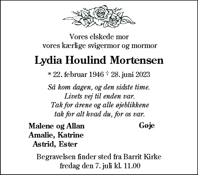 Dødsannonce for Lydia Houlind Mortensen