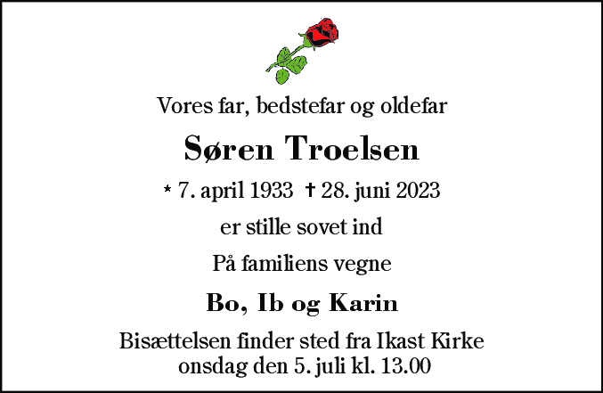 Dødsannonce for Søren Troelsen
