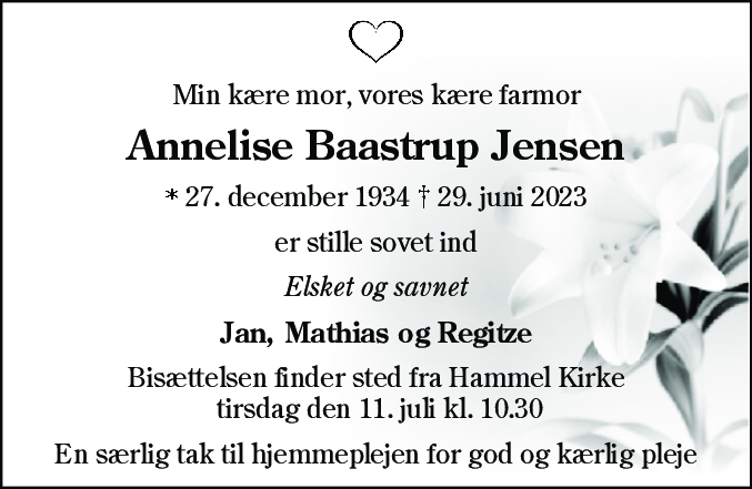 Dødsannonce for Annalise Baastrup Jensen