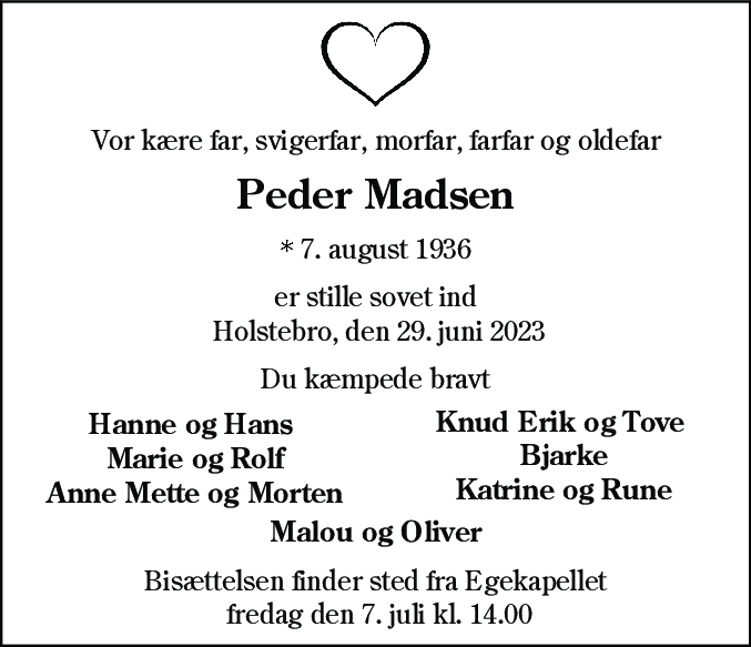 Dødsannonce for Niels Peder Madsen