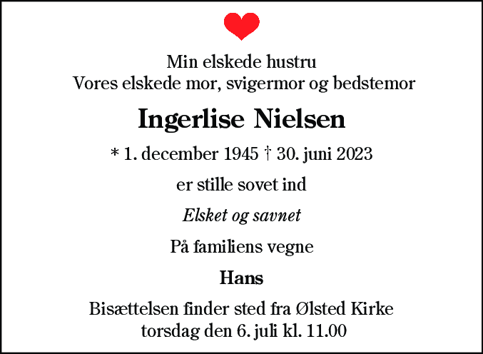 Dødsannonce for Ingerlise Nielsen