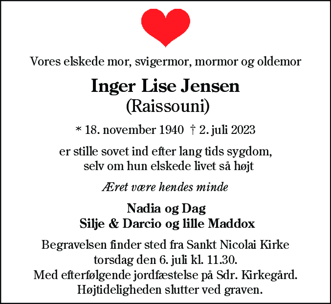 Dødsannonce for Inger Lise Jensen