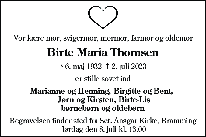 Dødsannonce for Birte Maria Thomsen