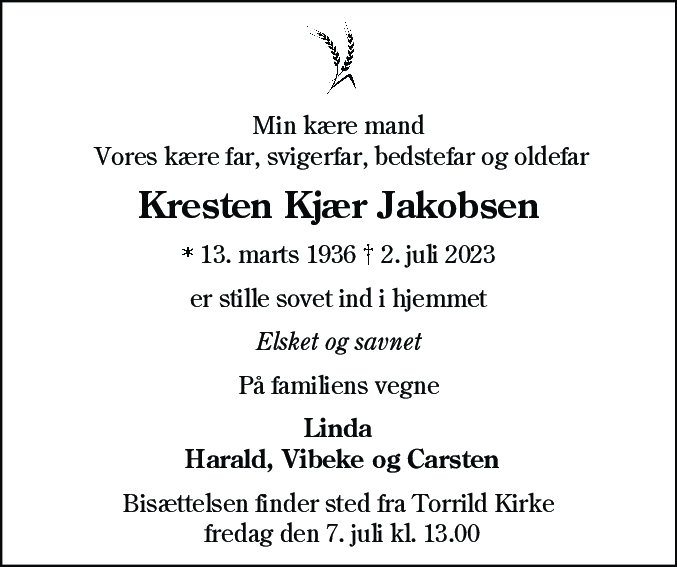 Dødsannonce for Kresten Kjær Jakobsen