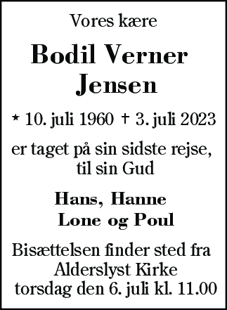 Dødsannonce for Bodil Verner Jensen