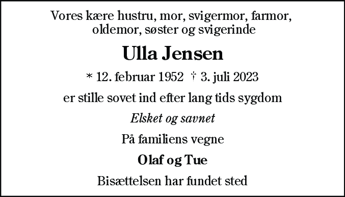 Dødsannonce for Ulla Jensen