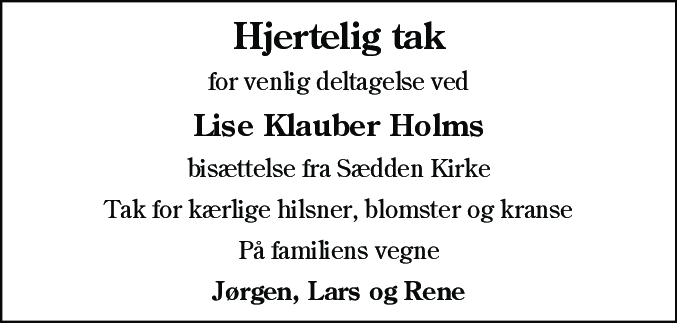 Dødsannonce for Lise Klauber Holm