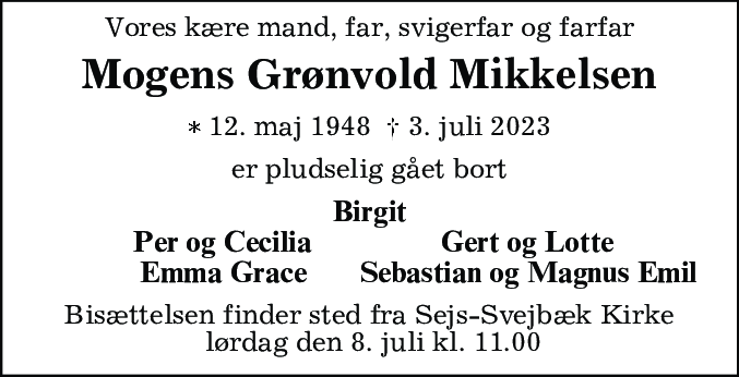 Dødsannonce for Mogens Grønvold Mikkelsen