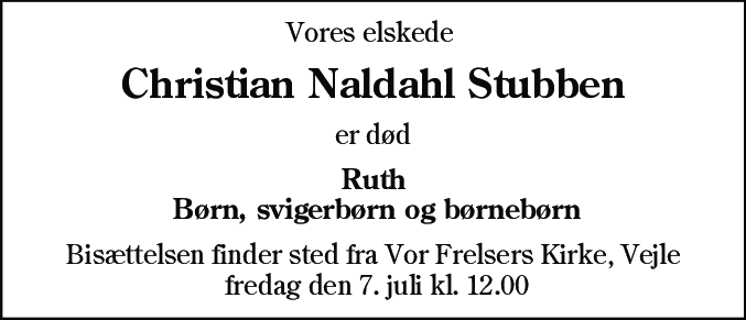 Dødsannonce for Christian Naldahl Stubben