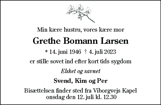 Dødsannonce for Margrethe Bomann Larsen