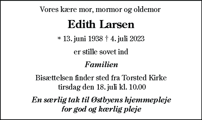 Dødsannonce for Edith Larsen