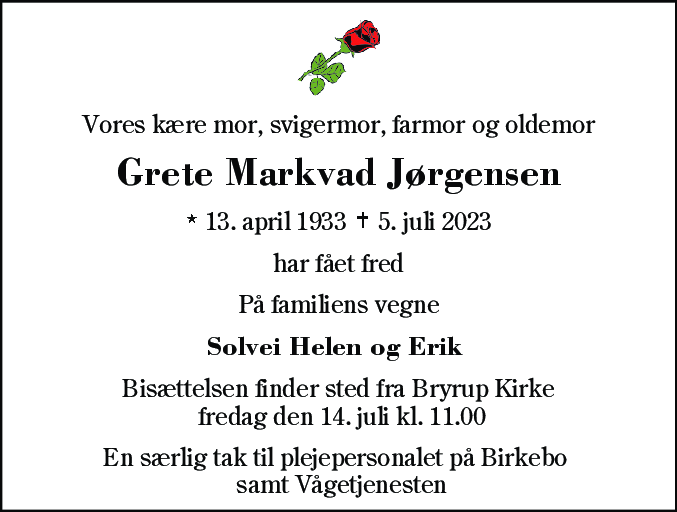 Dødsannonce for Grete Markvad Jørgensen