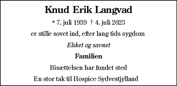 Dødsannonce for Knud Erik Langvad
