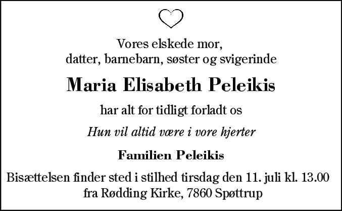 Dødsannonce for Maria Elisabeth Peleikis