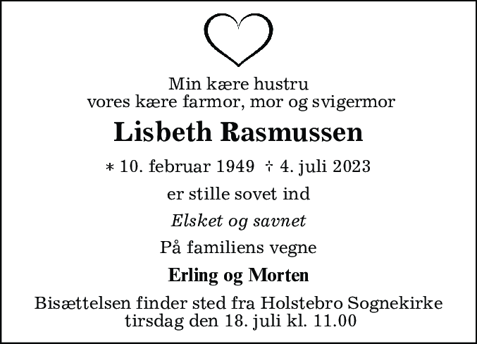 Dødsannonce for Lisbeth Rasmussen