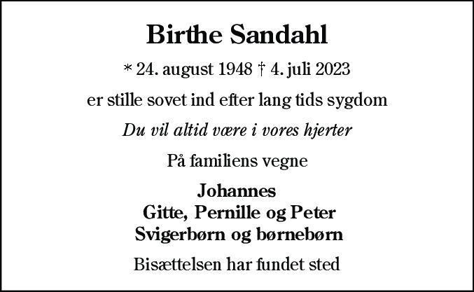 Dødsannonce for Birthe Sandahl