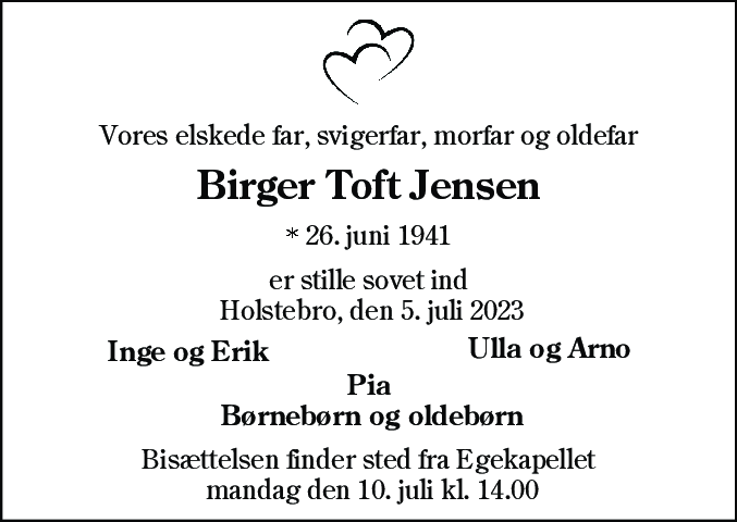 Dødsannonce for Birger Toft Jensen
