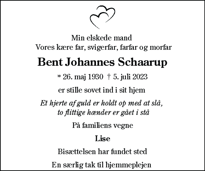 Dødsannonce for Bent Johannes Schaarup