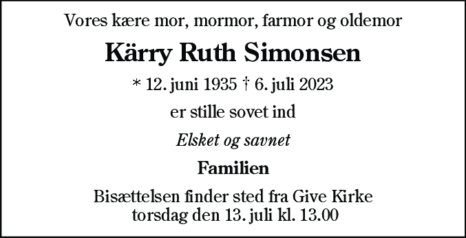 Dødsannonce for Karry Ruth Simonsen