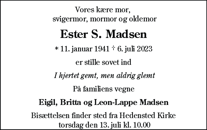 Dødsannonce for Ester Solveig Madsen