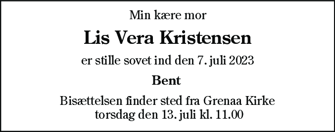 Dødsannonce for Lis Vera Christensen