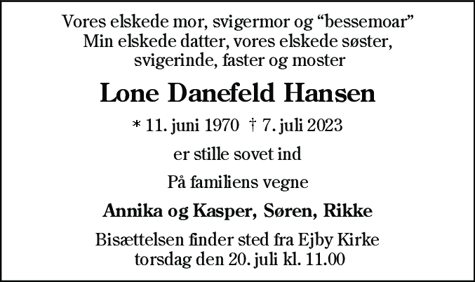 Dødsannonce for Lone Danefeld Hansen