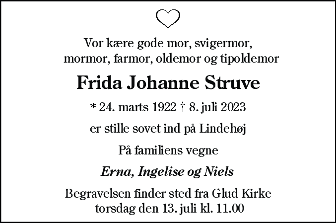 Dødsannonce for Frida Johanne Struve