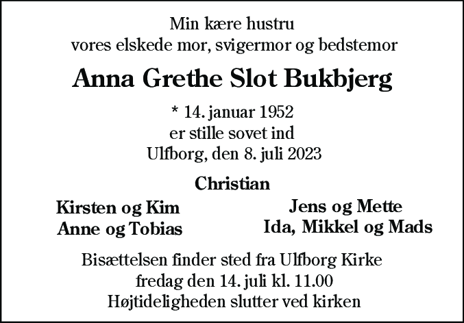Dødsannonce for Anna Grethe Slot Bukbjerg
