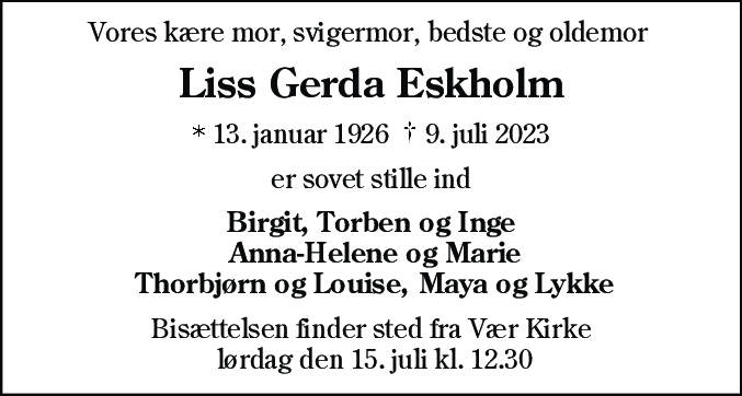 Dødsannonce for Liss Gerda Eskholm
