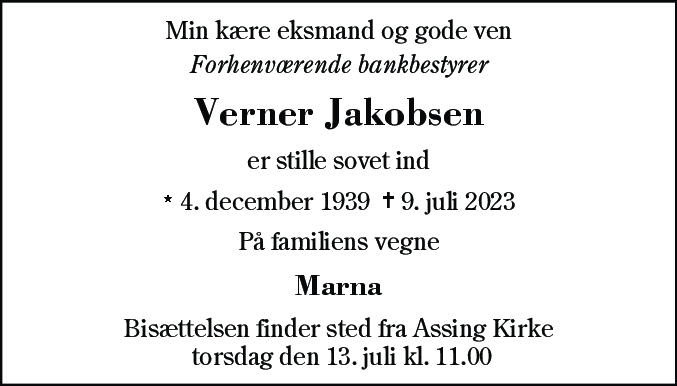 Dødsannonce for Verner Jakobsen