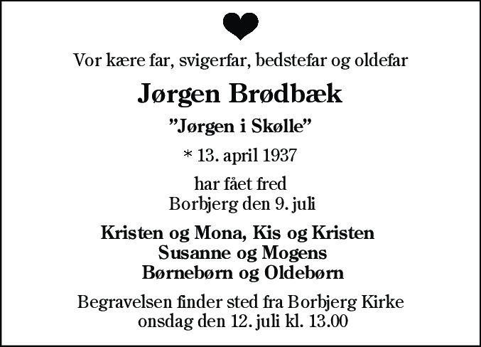 Dødsannonce for Jørgen Brødbæk