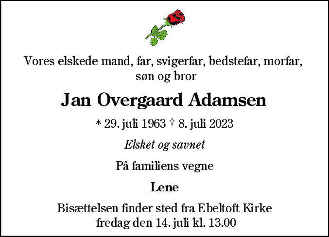 Dødsannonce for Jan Overgaard Adamsen