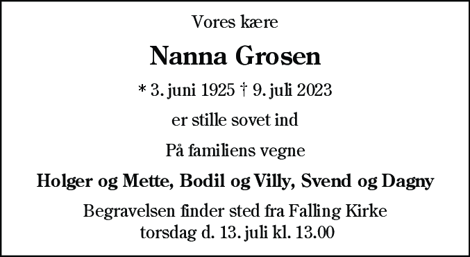 Dødsannonce for Nanna Grosen