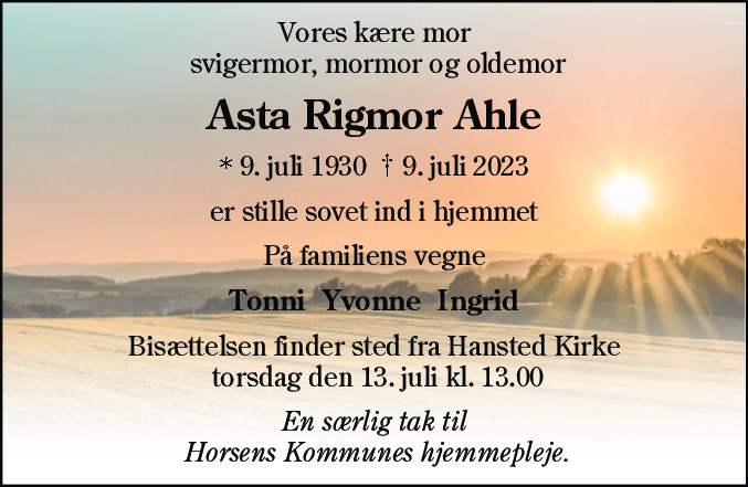 Dødsannonce for Asta Rigmor Ahle
