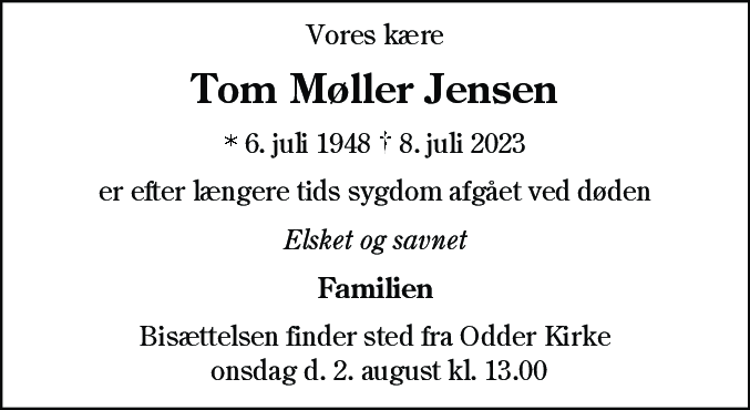 Dødsannonce for Tom Møller Jensen