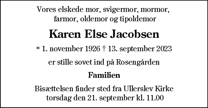Dødsannonce for Karen Elsen Jacobsen