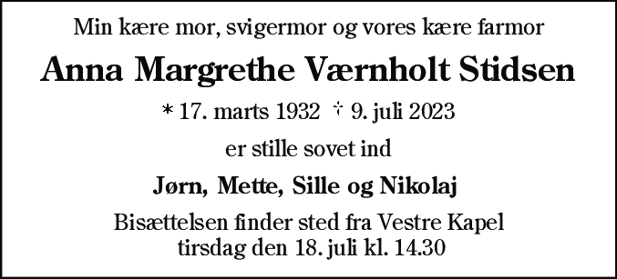 Dødsannonce for Anna Margrethe Stidsen